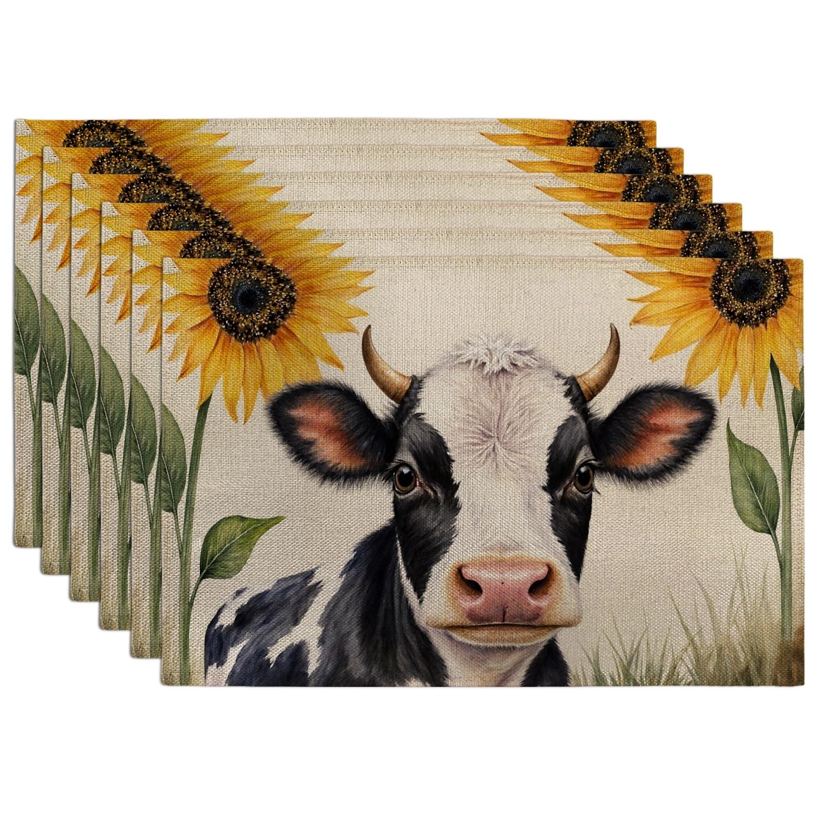 Cow and Sunflower Placemats, Rustic Farmhouse Decorative Place Mats for Dining Table, Spring Summer Non-Slip Washable Indoor Outdoor Kitchen Party Placemat Set of 6
