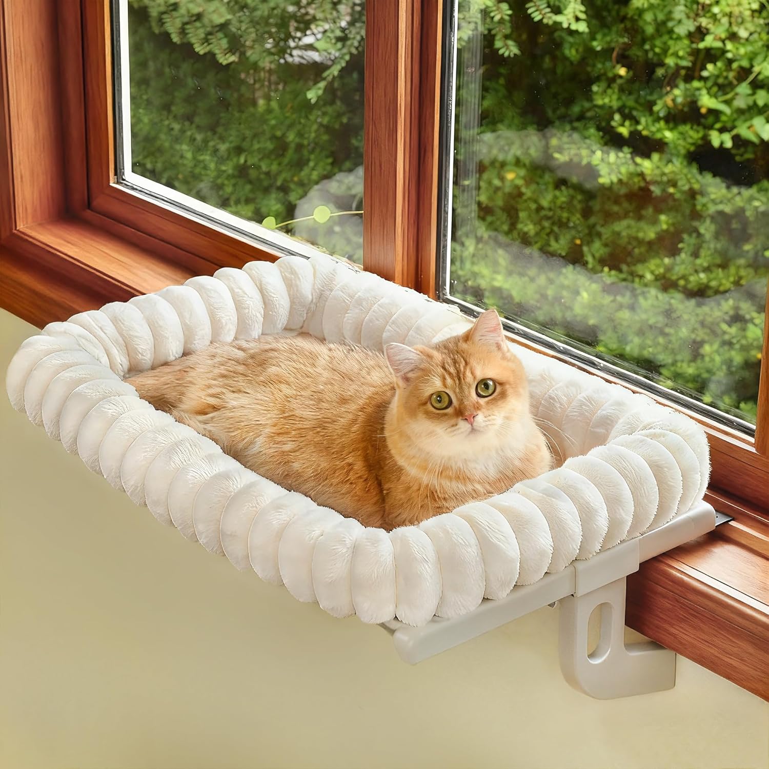 Cat Window Sill Perch,? 4-Sided Cushion Bolster Cat Window Seat with ?Sturdy Frame,? ?Easy Adjust Window Sill Mount Pet Bed for Indoor Cats (White, Medium) White Medium
