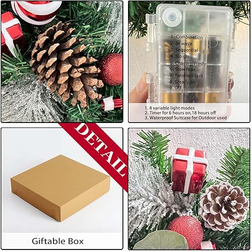 Vista 17 de WANNA-CUL Corona de Navidad preiluminada de 24 pulgadas para puerta delantera, decoración de puerta de Navidad iluminada en azul plateado