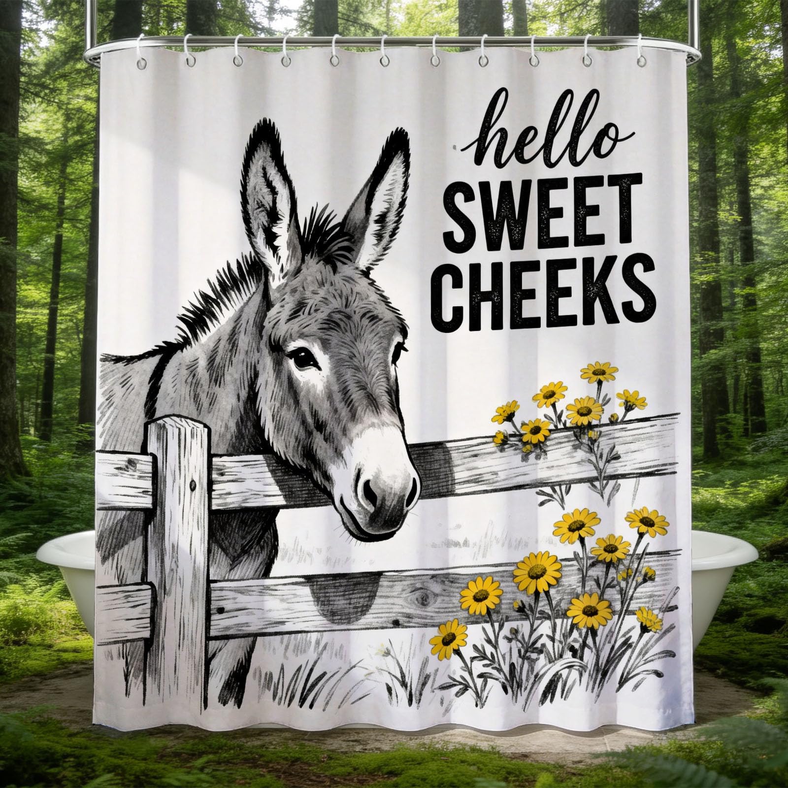 Hongduo 3D Cartoon Donkey Shower Curtain for Stalls Bathtubs Country Look Bathroom Decor Shower Curtain Set Polyester Fabric Waterproof 180x180cm/71X71 Inch with Hooks