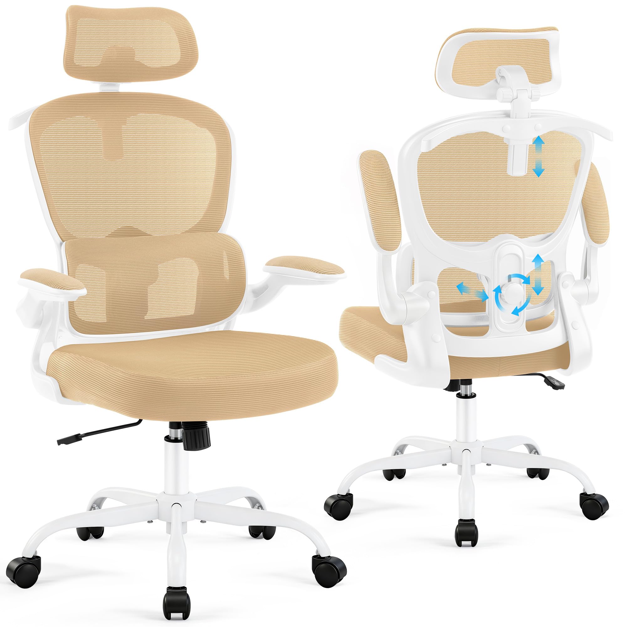Ergonomischer Bürostuhl mit Kopf- & Lendenstütze, Khaki | belastbar bis 150 kg , Atmungsaktive Netzbespannung, höhenverstellbarer Drehstuhl mit Rollen, für Büro & Homeoffice