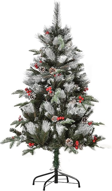 HOMCOM 4FT Artificial Snow Dipped Christmas Tree Xmas Pencil Tree Holiday Home Party Decoration with Foldable Feet Red Berries White Pinecones, Green