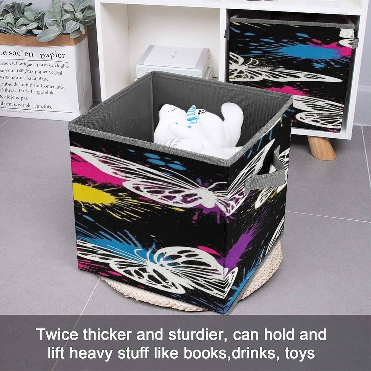 Butterflies Fabric Bins Storage Basket Square Baskets | Storage Bin with Double Handles,Cube Collapsible Organizers for Organization,Closet,Shelves,Offices