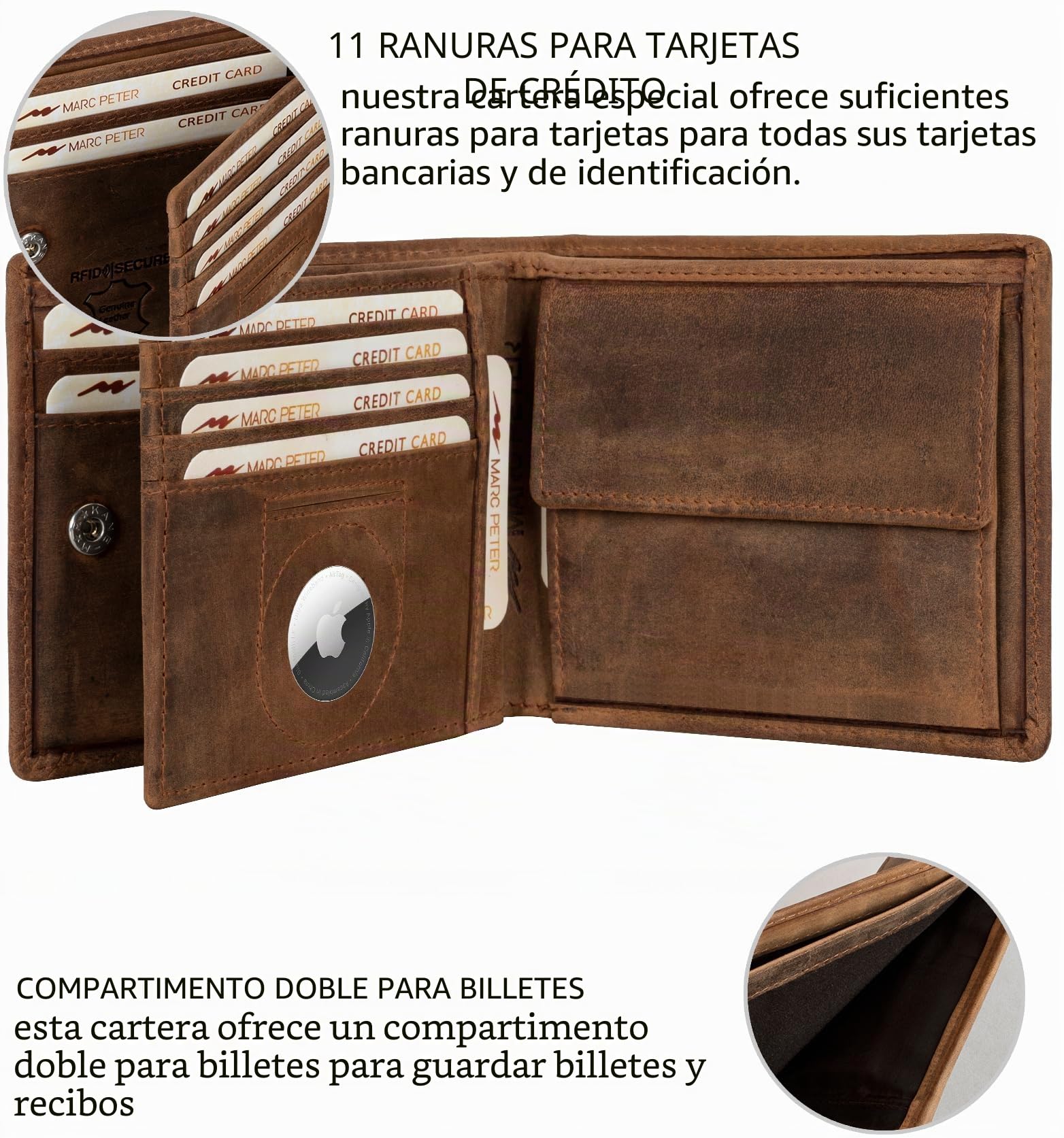Marc Peter® Hanover - Cartera de piel auténtica para hombre con protección RFID, 10 compartimentos, Bronceado vintage con compartimento Airtag, MIT AIRTAG-FACH, Clásico