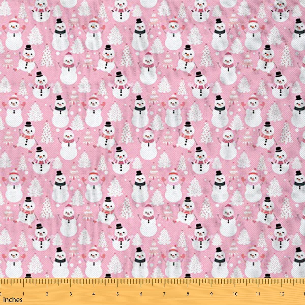 Merry Christmas Quilting Fabric by The Yard, Kawaii Snowman Fabric by The Yard, Christmas Tree Waterproof Fabric, Cartoon Xmas Decorative Fabric for Upholstery and Home Accents, 5 Yards, Pink White
