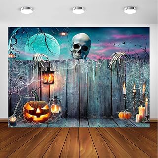 Avezano Halloween Backdrop Skeleton Pumpkin Lantern Wooden Spooky Night Party Photography Background Ghost Halloween Party Decorations Photoshoot Photo Backdrop (7x5ft)