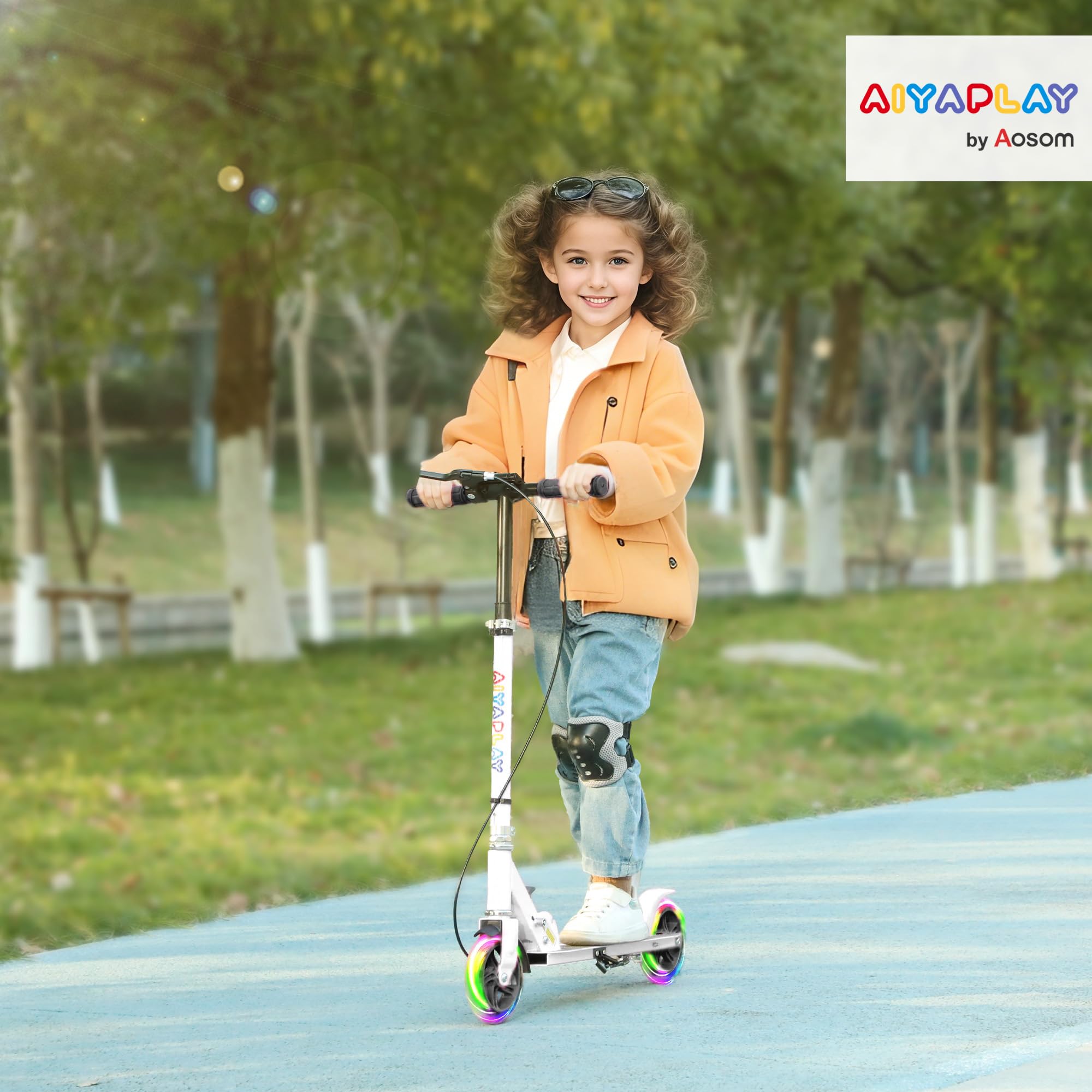 AIYAPLAY Patinete Plegable para Niños de 3-8 Años, Patinete Infantil de 2 Ruedas con Luces, Manillar de 4 Altura Ajustable, Freno Posterior y de Mano