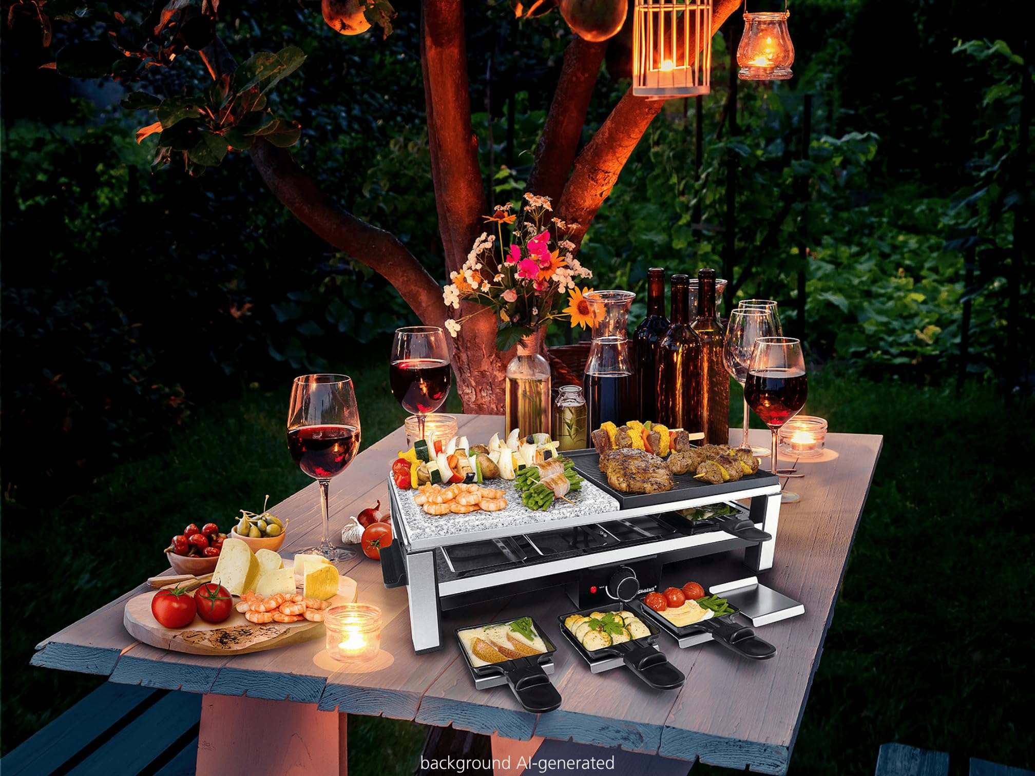 Steba Raclette RC 108 - Plaque de grill en pierre naturelle de qualité supérieure (25 x 25 cm) - Plaque de cuisson antiadhésive - 8 poêlons anti-adhésifs - 8 plateaux à poêlons - Câble de raccordement
