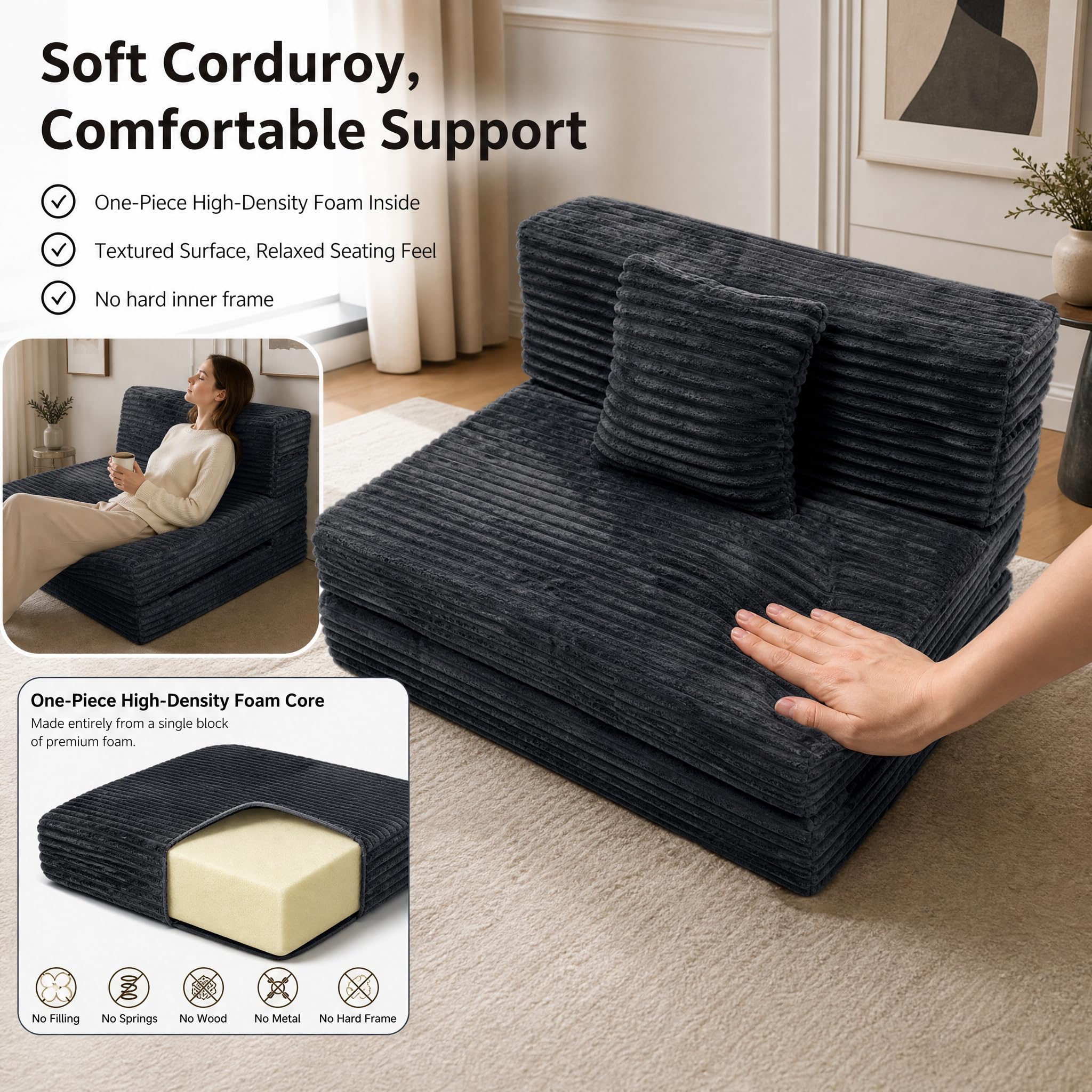 ANONER Sofá Cama Plegable 4 en 1, Gris Oscuro | espuma alta densidad integral, con cojín, fijación velcro, funda extraíble, 100x193cm, ideal para espacios pequeños