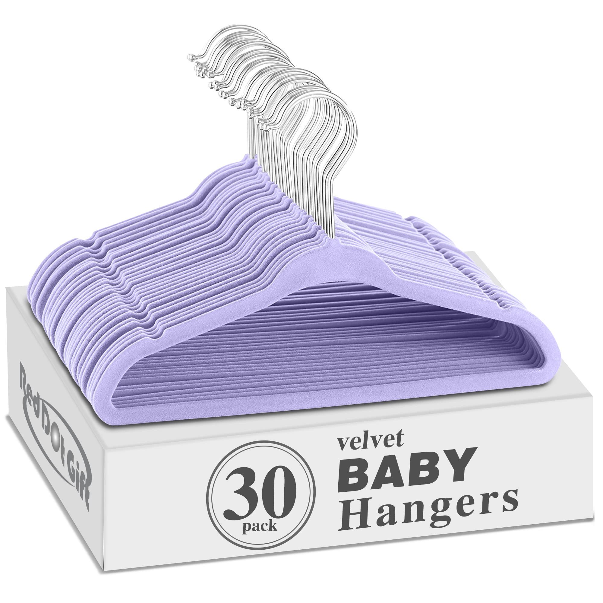 Red Dot Gift® Baby Velvet Hangers 11Inch/28cm - Nursery Clothes Hangers Non Slip Toddler Hangers, 360 Chrome Swivel Hook (Light Purple, 30)