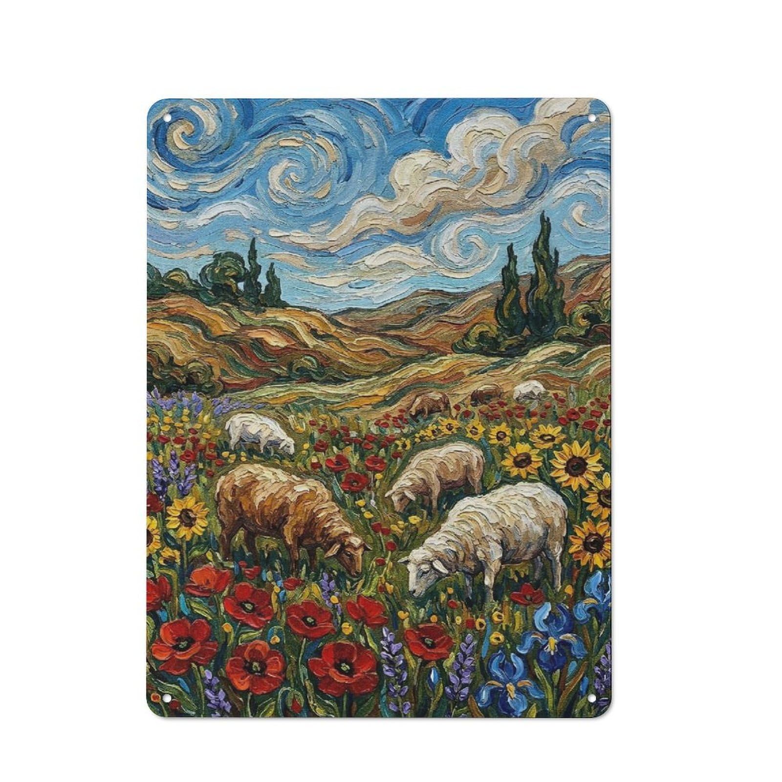 Junmoney Style-9 Metal Wall Plaque With Sheep Grazing In A Field Of Flowers Design 40X30cm, Simple Retro Studio Wall Plaque For Hobby Room, Office, Lounge Or Living Room