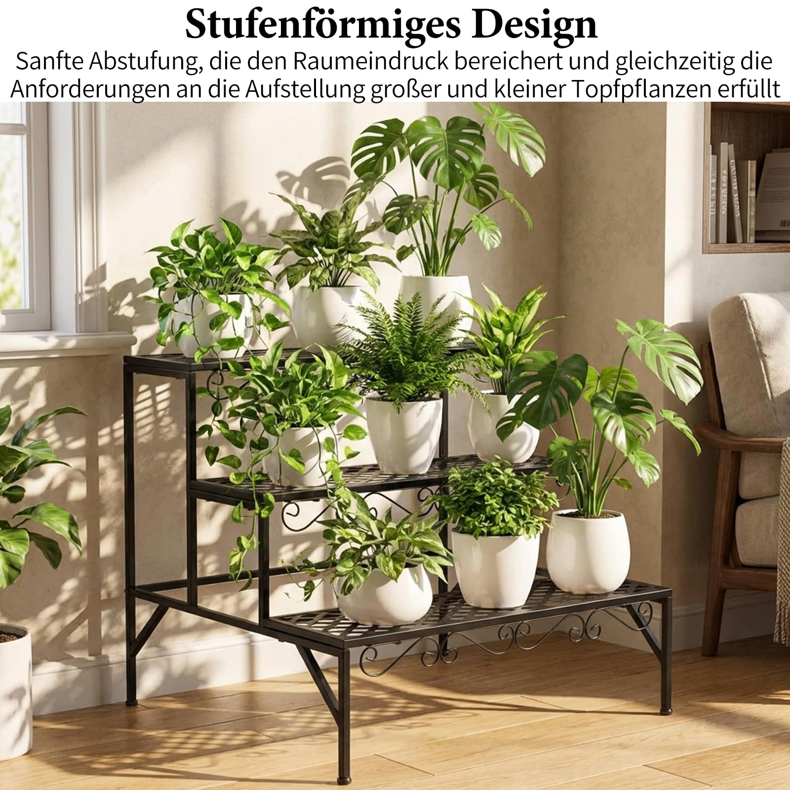 3-stöckige Metall Blumentreppe, Pflanzentreppe für Balkon Garten Wohnzimmer, wetterfestes Blumenregal als Deko, 70x60x60cm Schwarz