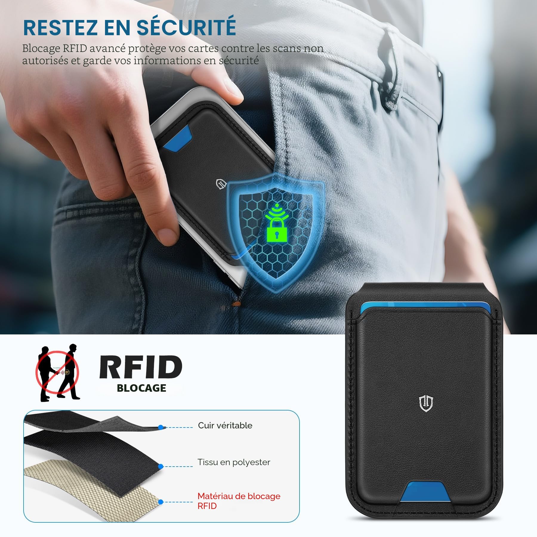 Shieldon Porte Carte pour Magsafe Wallet, Portefeuille Magnétique en Cuir Véritable, [Support Réglable][RFID Blocage][Forte Adhérence] Porte-Cartes Adhésifs pour iPhone Série 17/16/15/14/13/12 - Noir