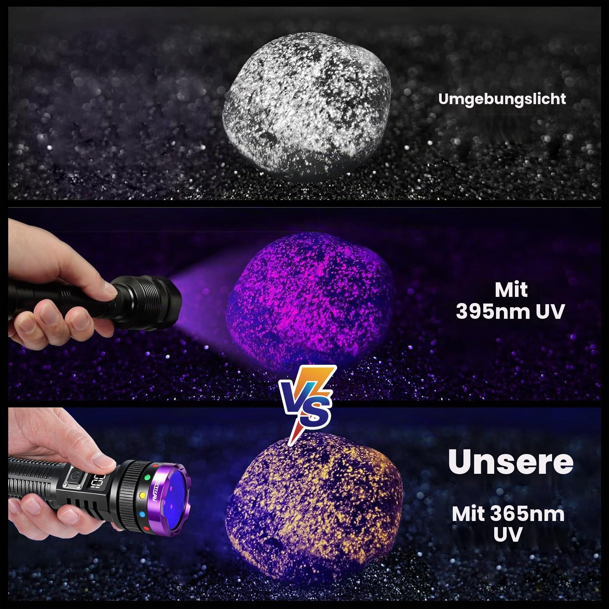 VASTFIRE 365nm UV-Taschenlampe Wiederaufladbar mit Filterlinse, 30W Ultraviolett-Taschenlampe mit LCD-Display, Starkes UV-Schwarzlicht für Golfballfinder, Harzhärtung, Haustierurin-Erkennung, Felsen