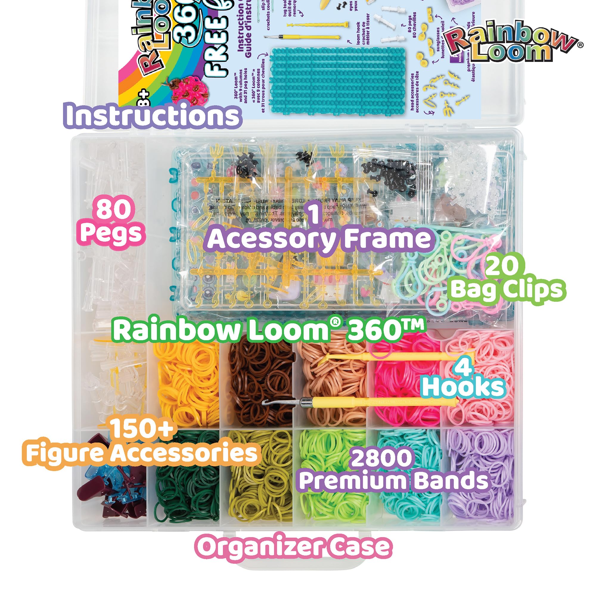 Rainbow Loom: 360 Free Form - Juego de creaciones de manualidades, telar personalizable, 2800 bandas de goma, más de 60 accesorios, haz personajes, dijes y más, niños mayores de 8 años