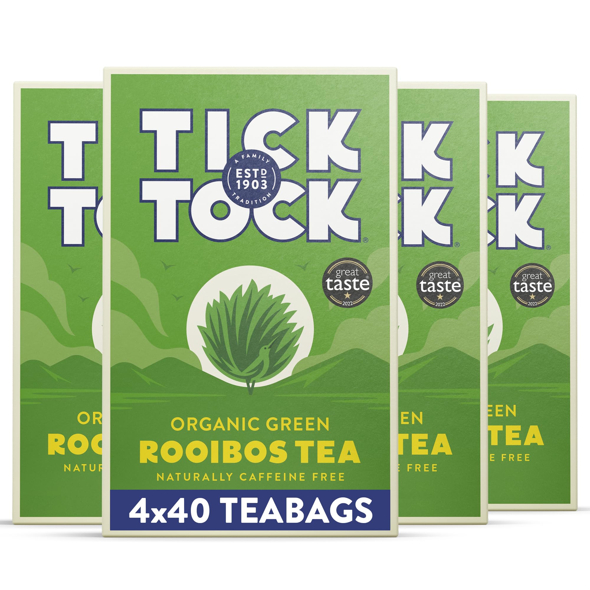 Tick Tock Organic Green Tea Bags Rooibos, Naturally Decaf Green Tea Bags, Caffeine-Free, Pack of 4x 40 (160 Teabags) Biodegradable, Redbush