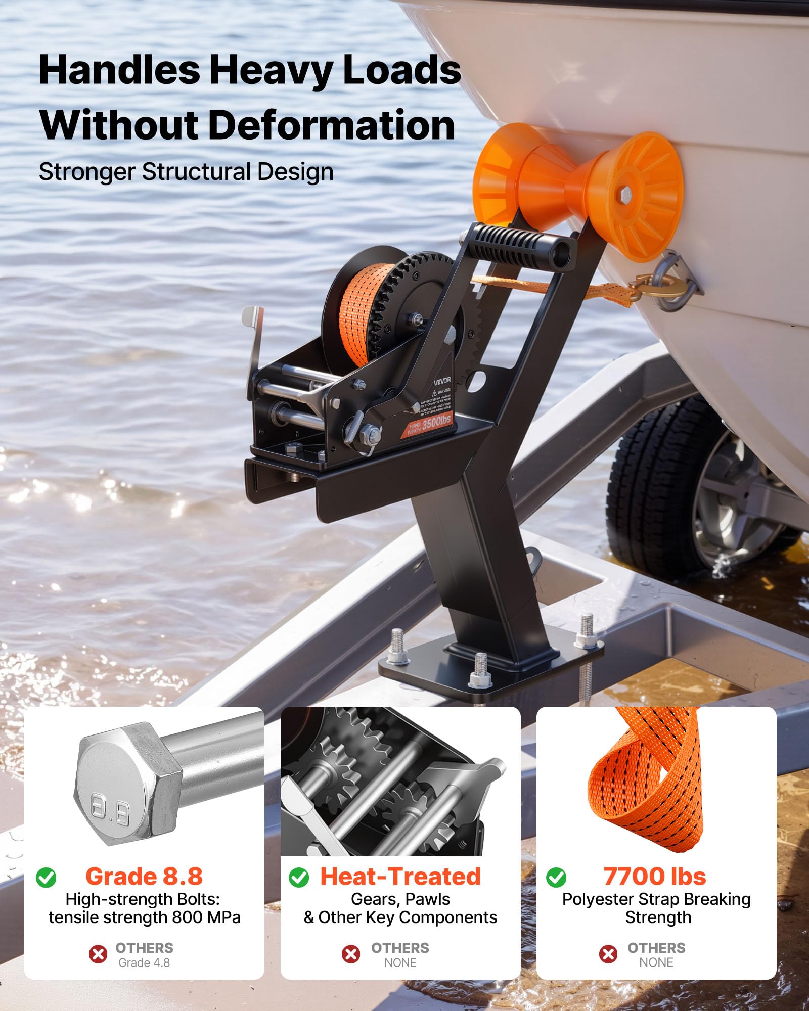VEVOR Verricello Manuale per Barca 1588 kg con Supporto per Verricello da Rimorchi, Cinghia in Poliestere da 6,1 m, per Timone del Rimorchi 2–3" L x 3–4" H, Moto d'Acqua, Barca a Vela e Motoscafi