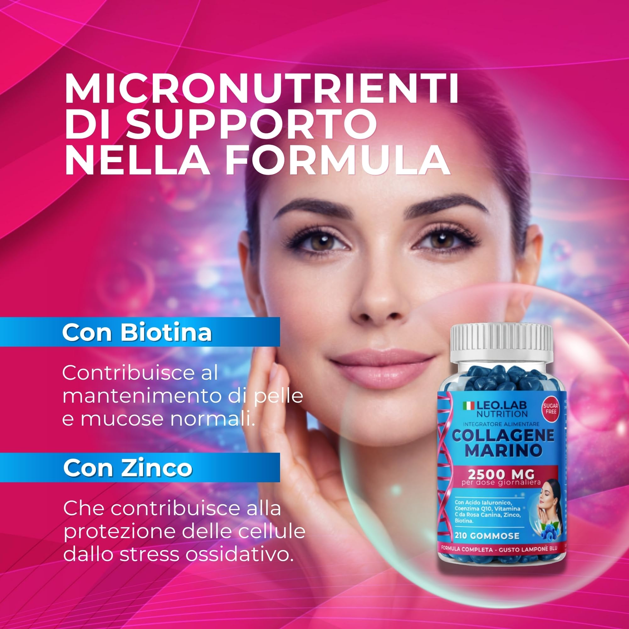 Collagene Marino con Acido Ialuronico 2500mg 210 Gummies - Con Vitamina C, A, Zinco Q10 per la Funzione e Mantenimento della Pelle, Capelli e Unghie