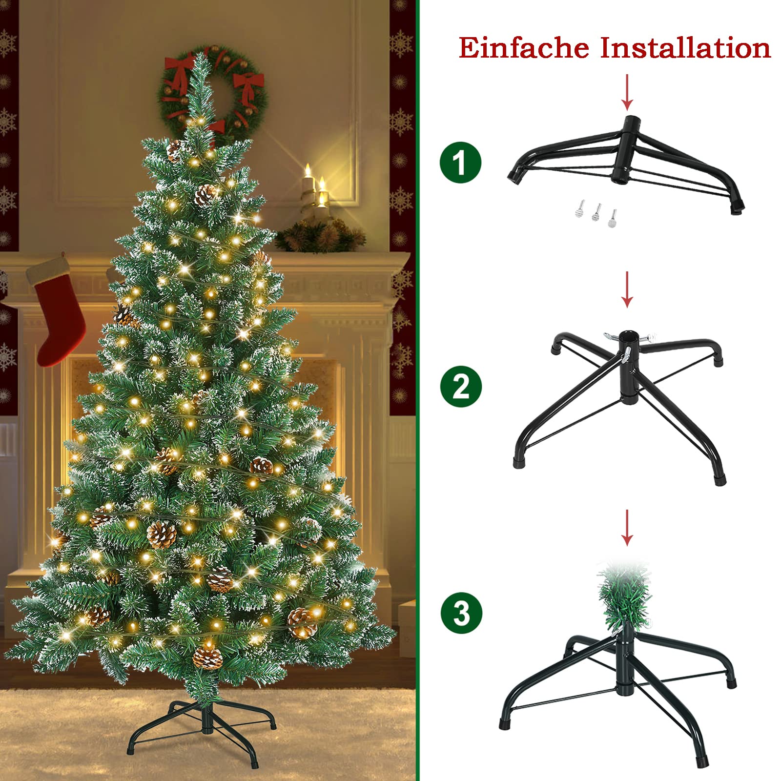 LILIIN 150CM Weihnachtsbaum Künstlich, Tannenbaum mit Beleuchtung, Kunstbaum Weiß&Grün mit Schnee-Effekt+Kiefernzapfen, PVC Christbaum inkl. Ständer(1.5M, Mit Beleuchtung)