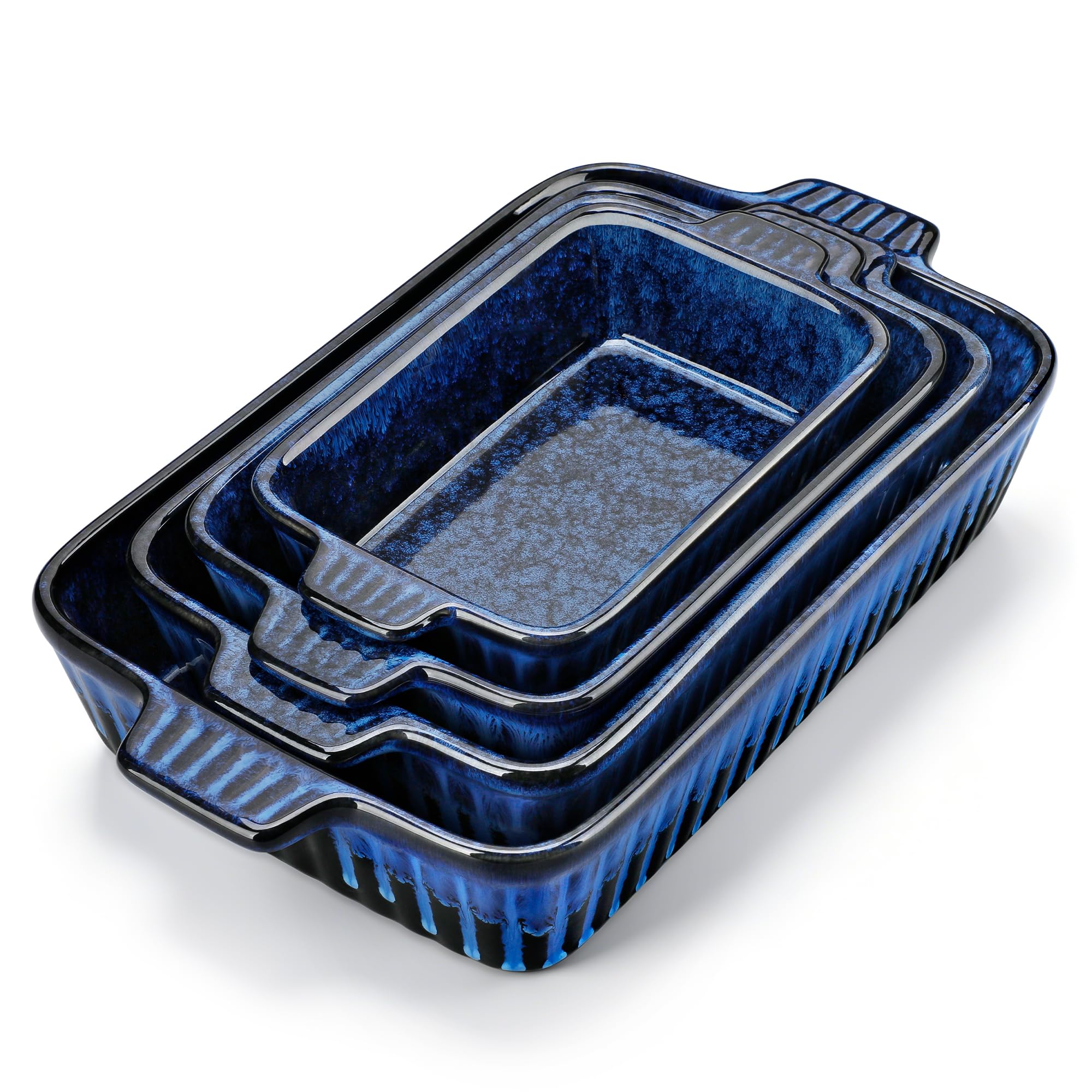 vancasso Juego de 4 Fuentes para Bandeja Horno, Grande y Pequeña (37, 30, 28 y 24 cm), Fuente Rectangular para Lasaña con Asas, Fuente de Gres Apta para Horno y Lavavajillas, Azul
