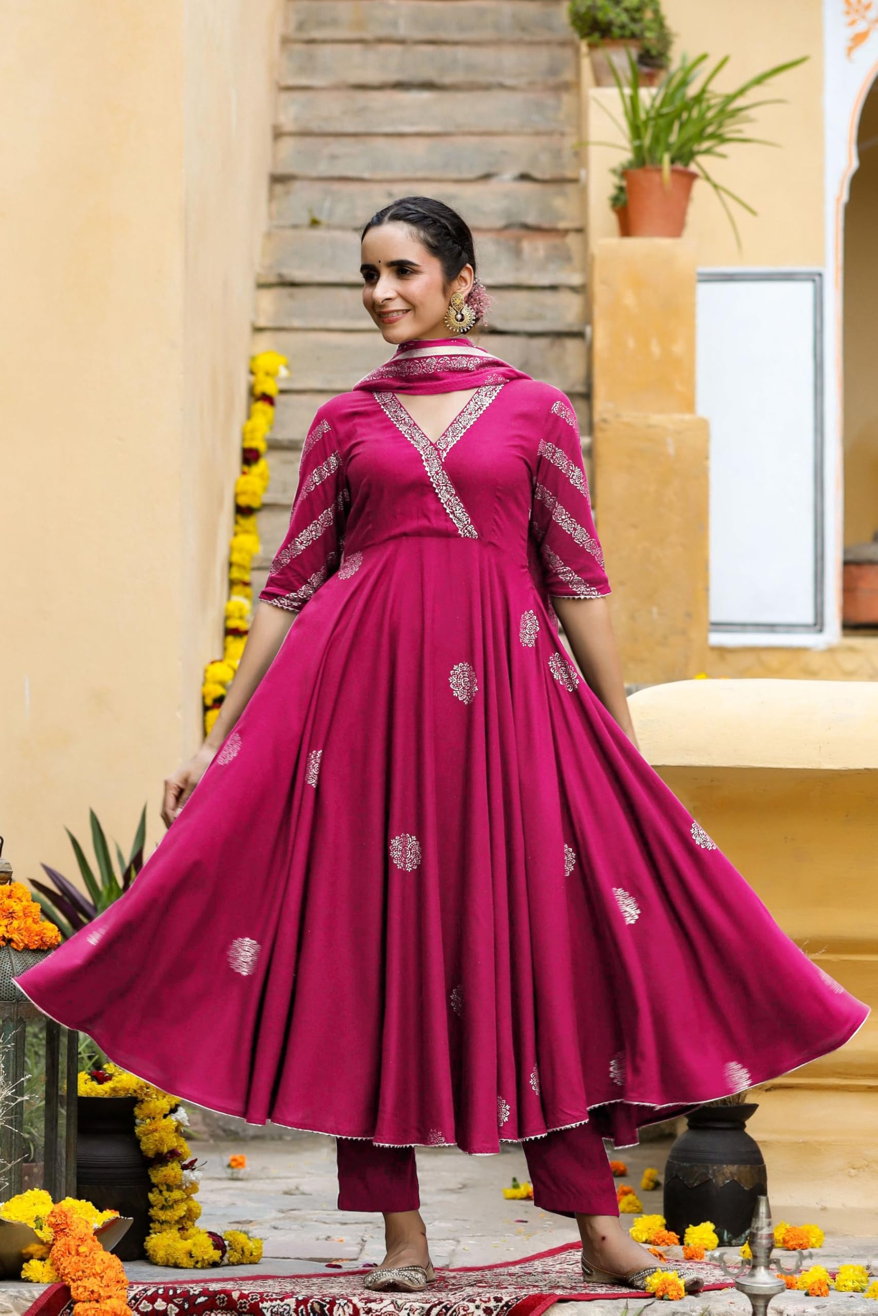 GoSriKi Women's Rayon Blend Anarkali Printed Kurta with Pant & Dupatta (Berlin Pink-GS_XL_Pink_X-Large) - Image 7 thumbnail