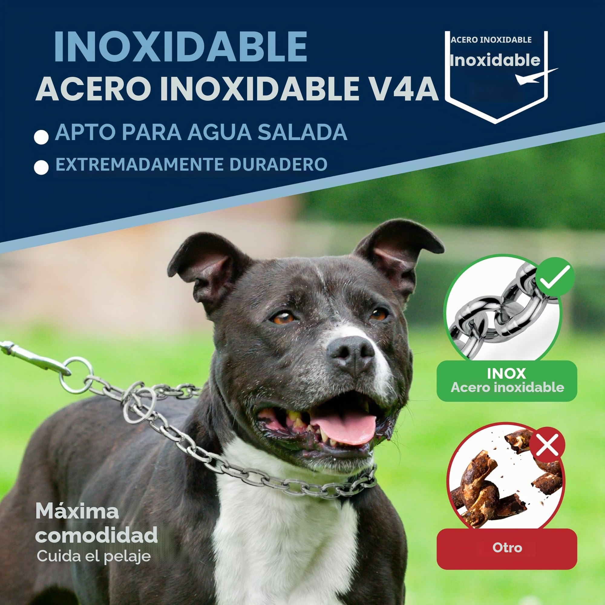 Collar de Cadena para Perro de Acero Inoxidable con limitador de Ajuste – eslabones Largos – 6 mm x 78 cm