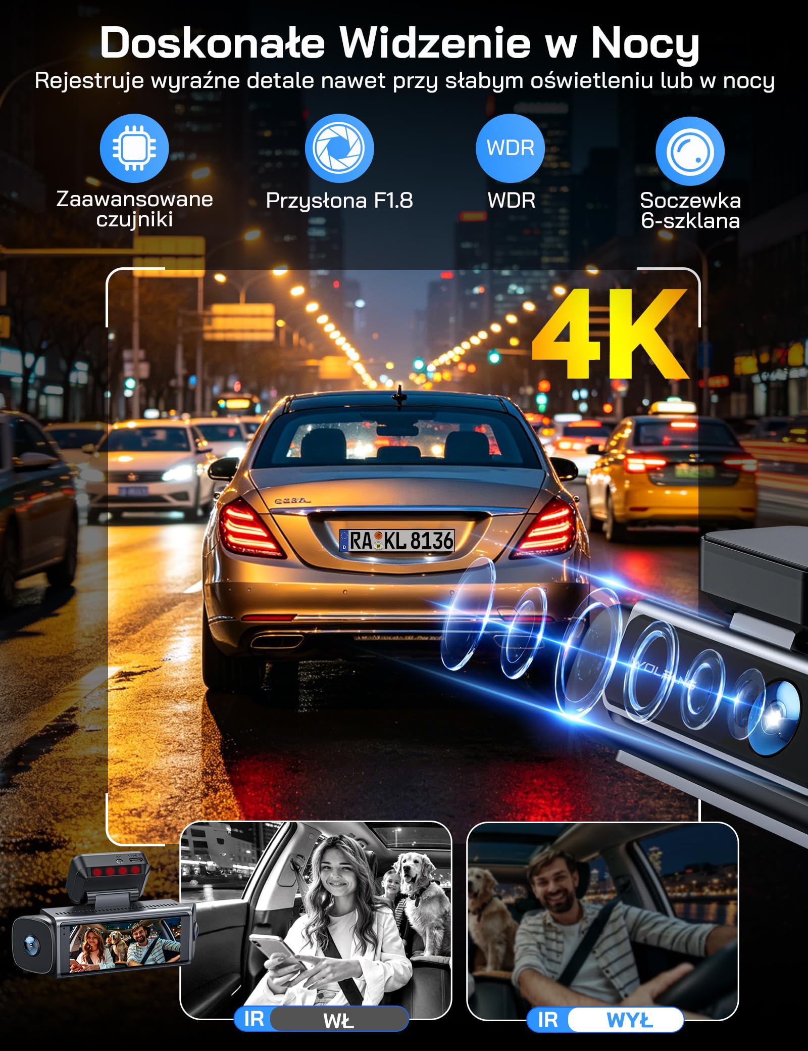 WOLFANG Kamera samochodowa 4K 4-kanałowa z matrycą 3,39" IPS, superwidocznością w nocy, nagrywaniem w pętli, czujnikiem G, szerokim kątem widzenia 170°, ochroną parkingową, sterowaniem przez aplikację