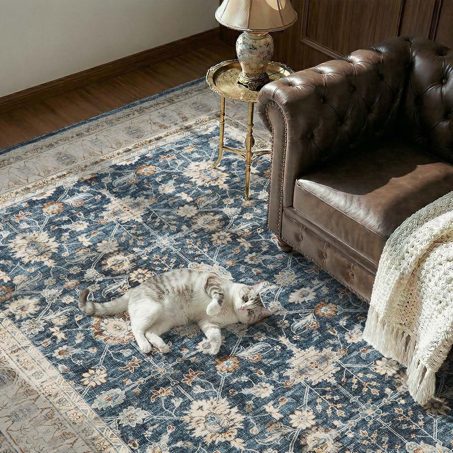 jinchan Vintage Area Rug 5x7 Dining Room Washable Floral Oriental Accent Distressed Indoor Doormat Small Non Slip Soft Lightweight Rug Retro Carpet for Kitchen Home Office Bedroom Living Room Blue