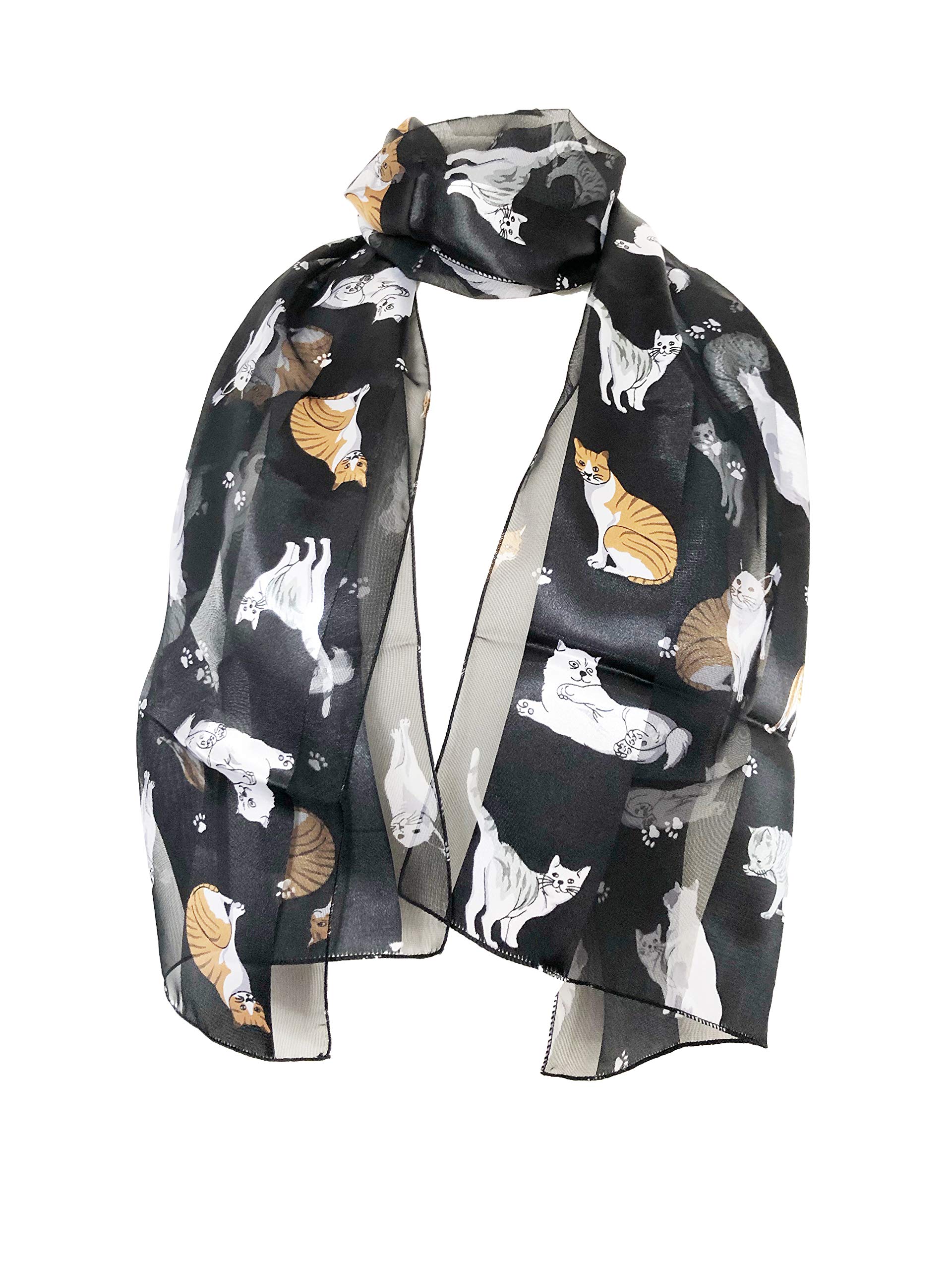 Pamper Yourself Now Women's Black Shiny Cat Scarf With Multi-Coloured Cats Thin Scarf.