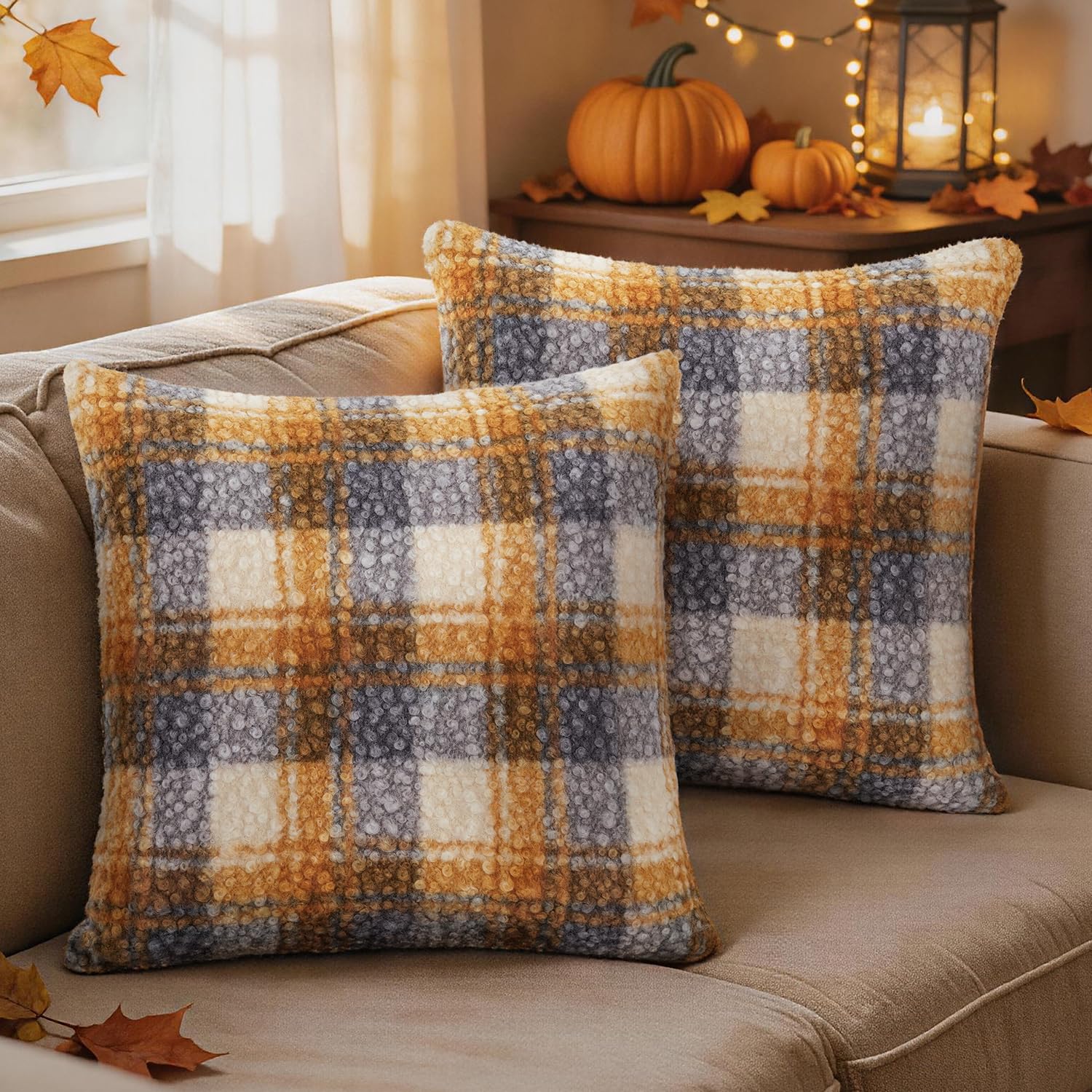 Artmag Autumn Cushion Covers 50x50cm Set of 2 Buffalo Plaid Decorative Pillow Covers Slipcovers Fall Holiday Rustic Decor for Sofa Couch Orange Blue