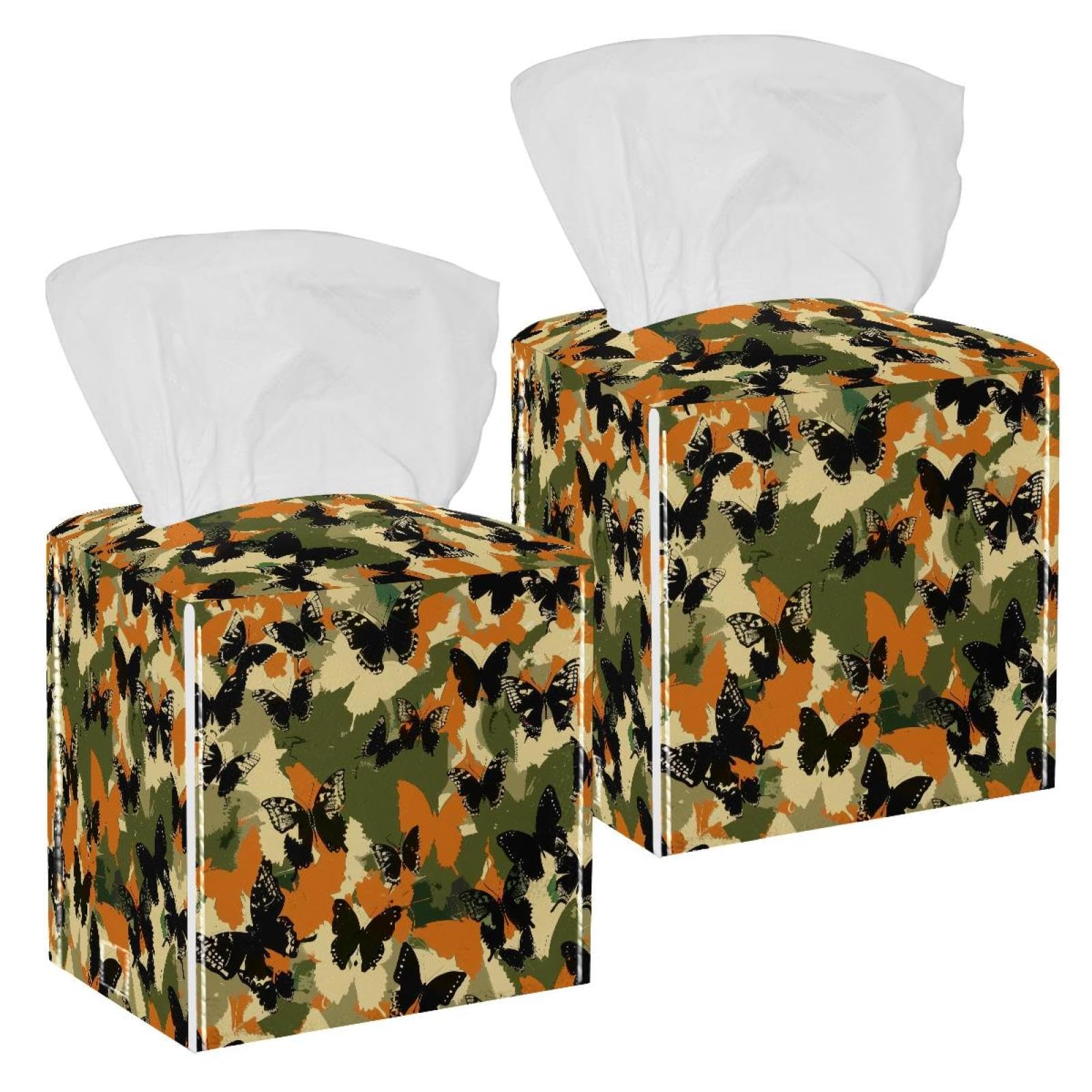 Camouflage Butterfly Tissue Box Cover, 2 Pack PU Leather Square Facial Tissue Dispenser Box holder for Home Office Car