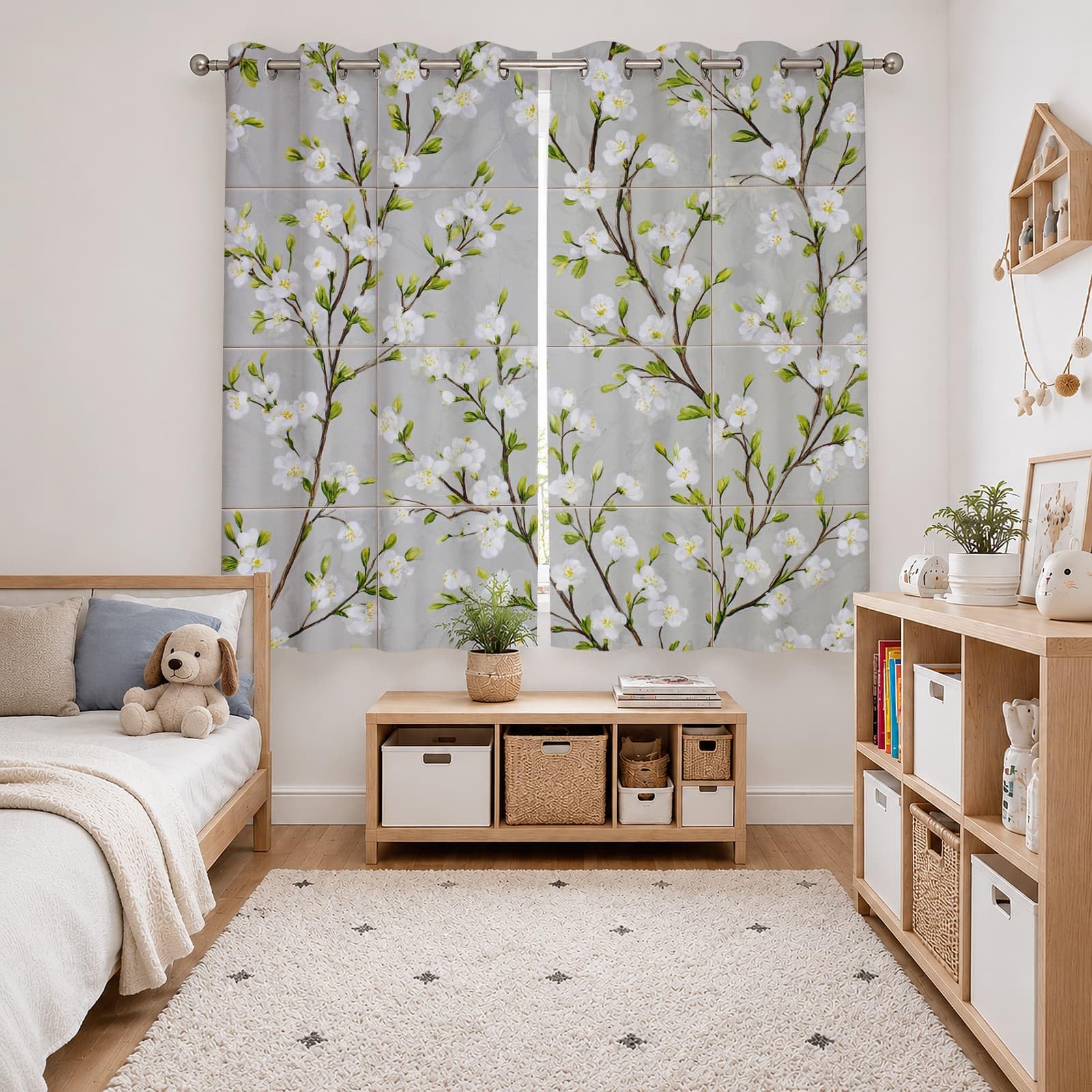 Genérico Infantil Cortinas Opacas Aislantes 2 Paneles 140An x 260Al cm Estilo RúStico Plantas Y Flores Suave Poliéster Termicas Cortina con Ojales Gris para Salon Dormitorio Oficina Hogar Decorativa