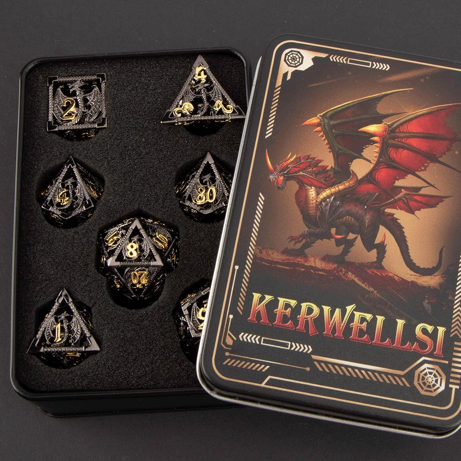 KERWELLSI Hollow DND Dice Set D&D with Gifts Box, 7pcs Polyhedral Metal D and D Dice for Role Playing Game, Dungeon Dragon Dice D20 D12 D10 D8 D6 D4 (Black)