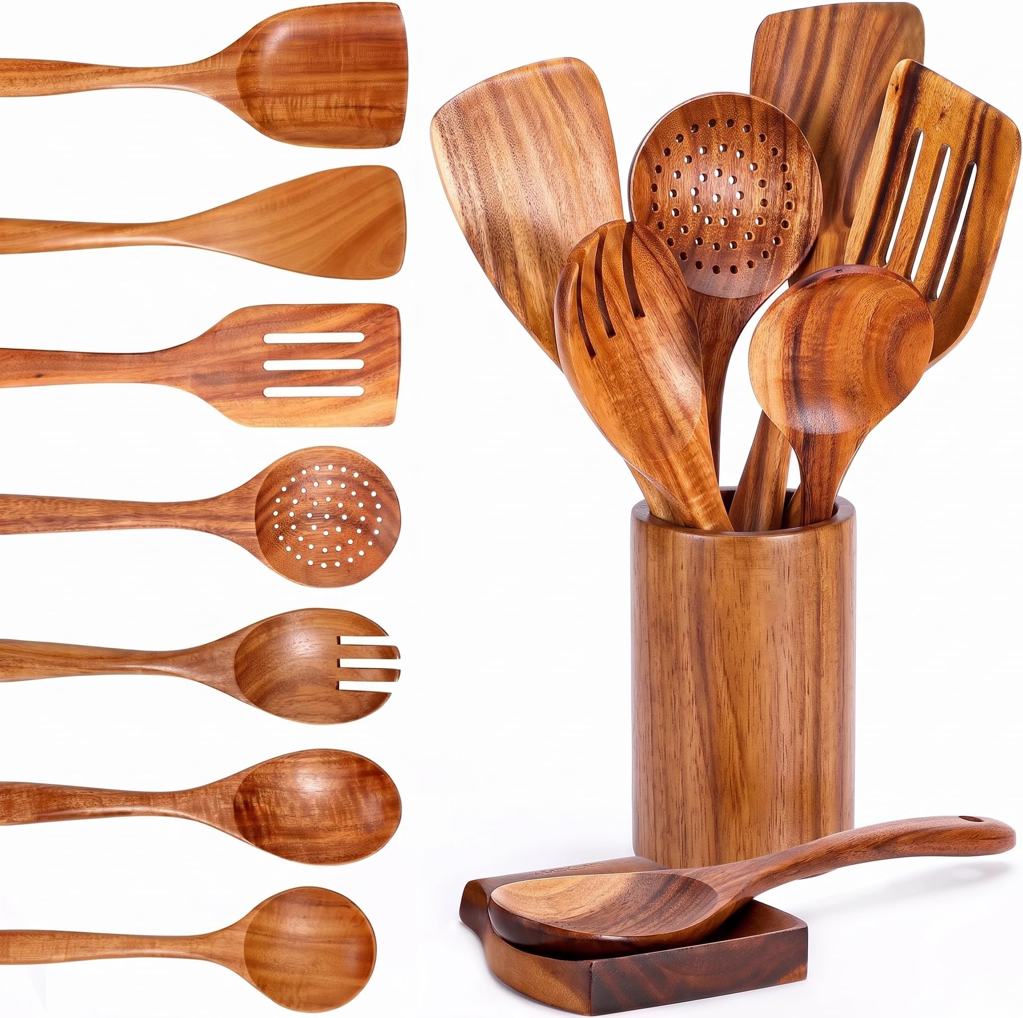 Mooues Wooden Kitchen Utensil Set, 9 Piece Natural Teak with Spoon Rest