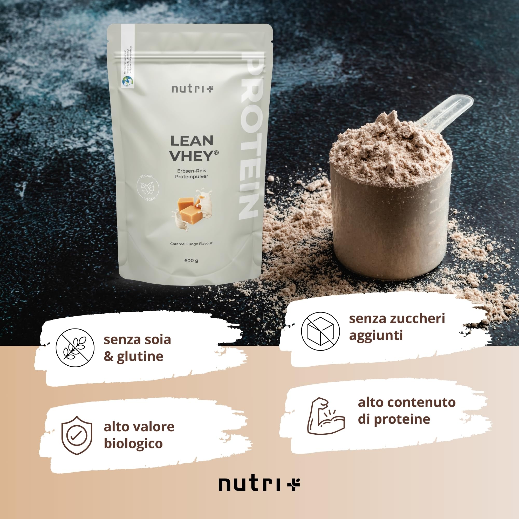 Proteine Vegane in Polvere Senza Soia, Glutine, Lattosio - Caramel Fudge 600 g - Nutri + Pea Rice Protein Caramel Protein Powder vegano - senza soia e a basso contenuto di zuccheri