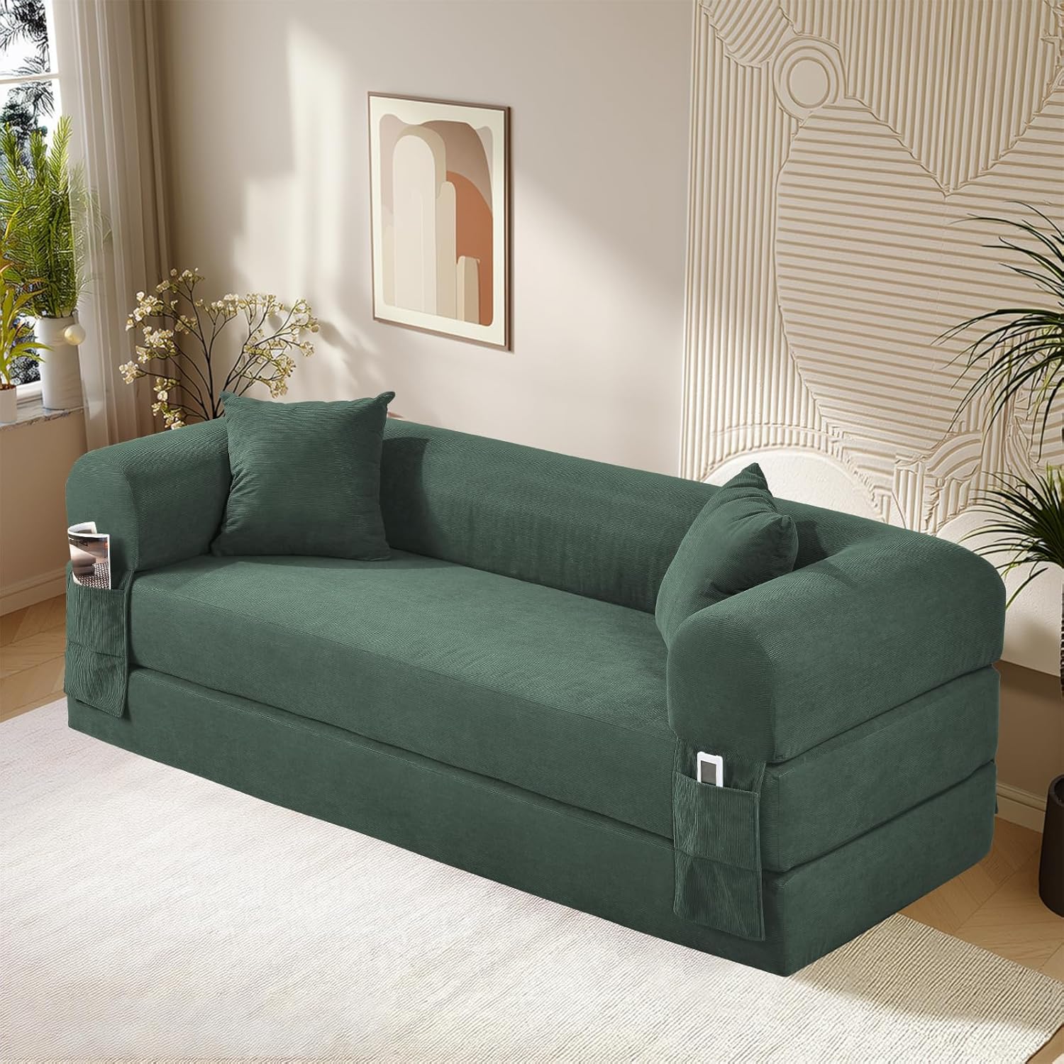 80 Inch Convertible Sofa Bed,Folding Pull Out Couch with Pillows & Storage Pocket,Corduroy Queen Sleeper Sofa in a Box,No Assembly Boneless Couch for Living Room,Light Green