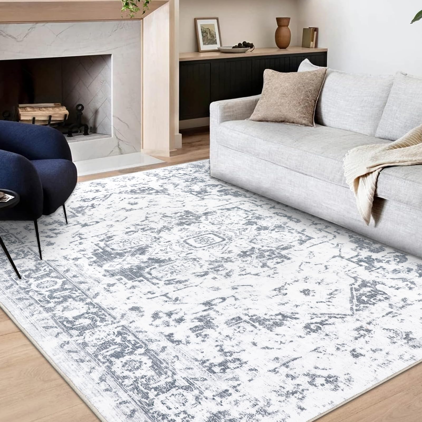 Famibay Area Rugs for Living Room 160x230cm Bedroom Rugs Large Washable Grey Soft Vintage Floor Carpet Non Slip for Bedroom Kitchen Office Living Room Decor