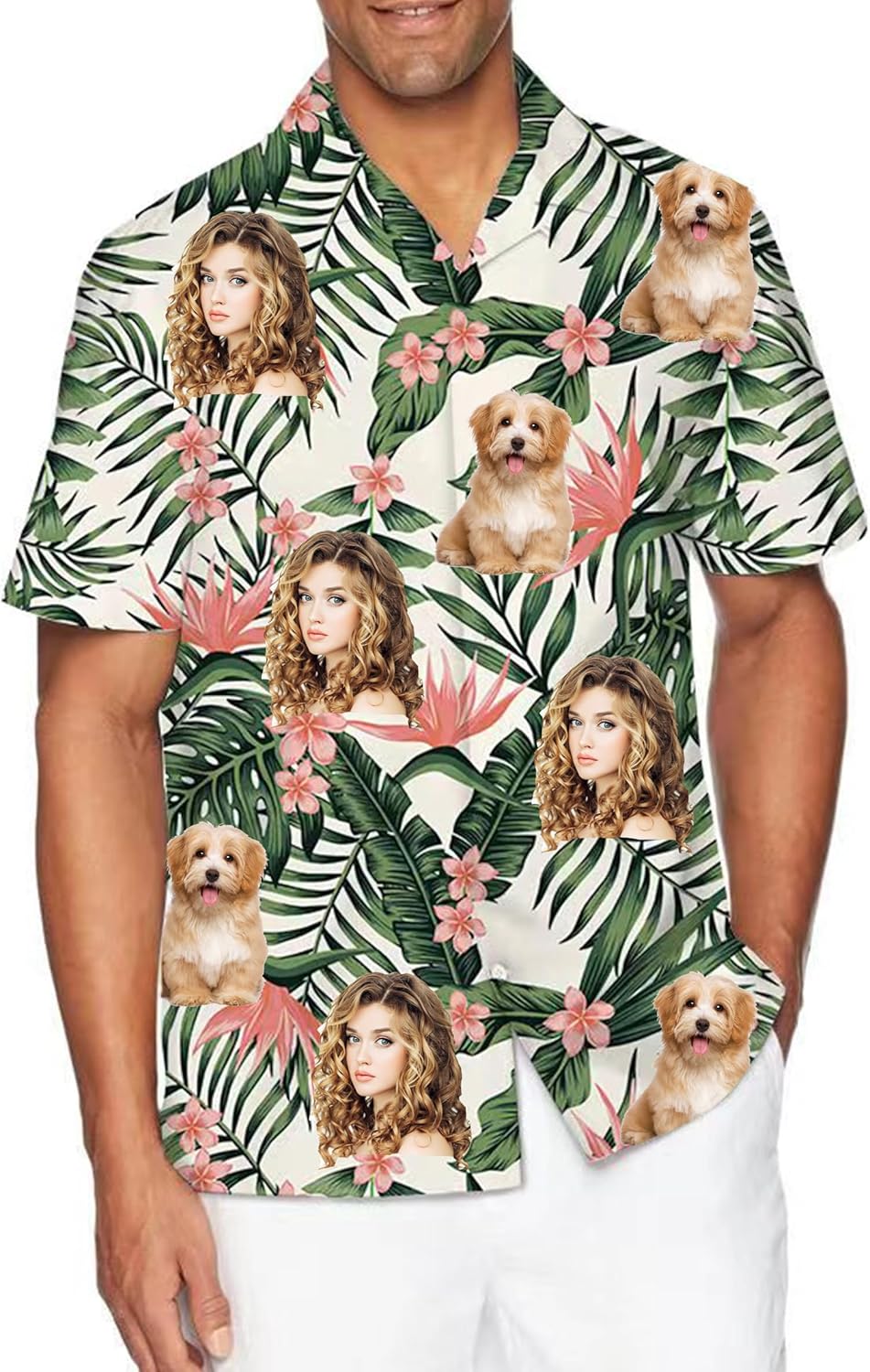 Custom Hawaiian Shirt with Face Pet Face Logo Custom T Shirts Personalized Button Up Shirts for Men Fathers Birthday Gift