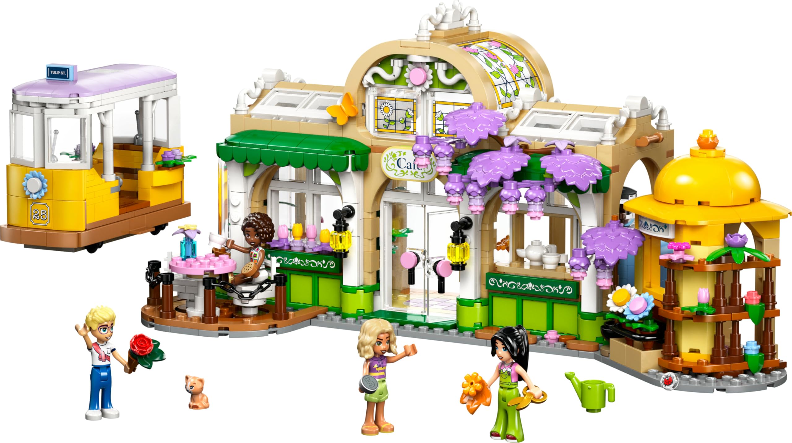 LEGO Friends Caffè delle Piante e Negozio di Fiori - Giocattolo con 4 Mini Bamboline, Gatto Domestico, Tram, Accessori da Cucina come Pasticcini, Tazze e Teiera - Regalo per Bambine da 9 Anni - 42671
