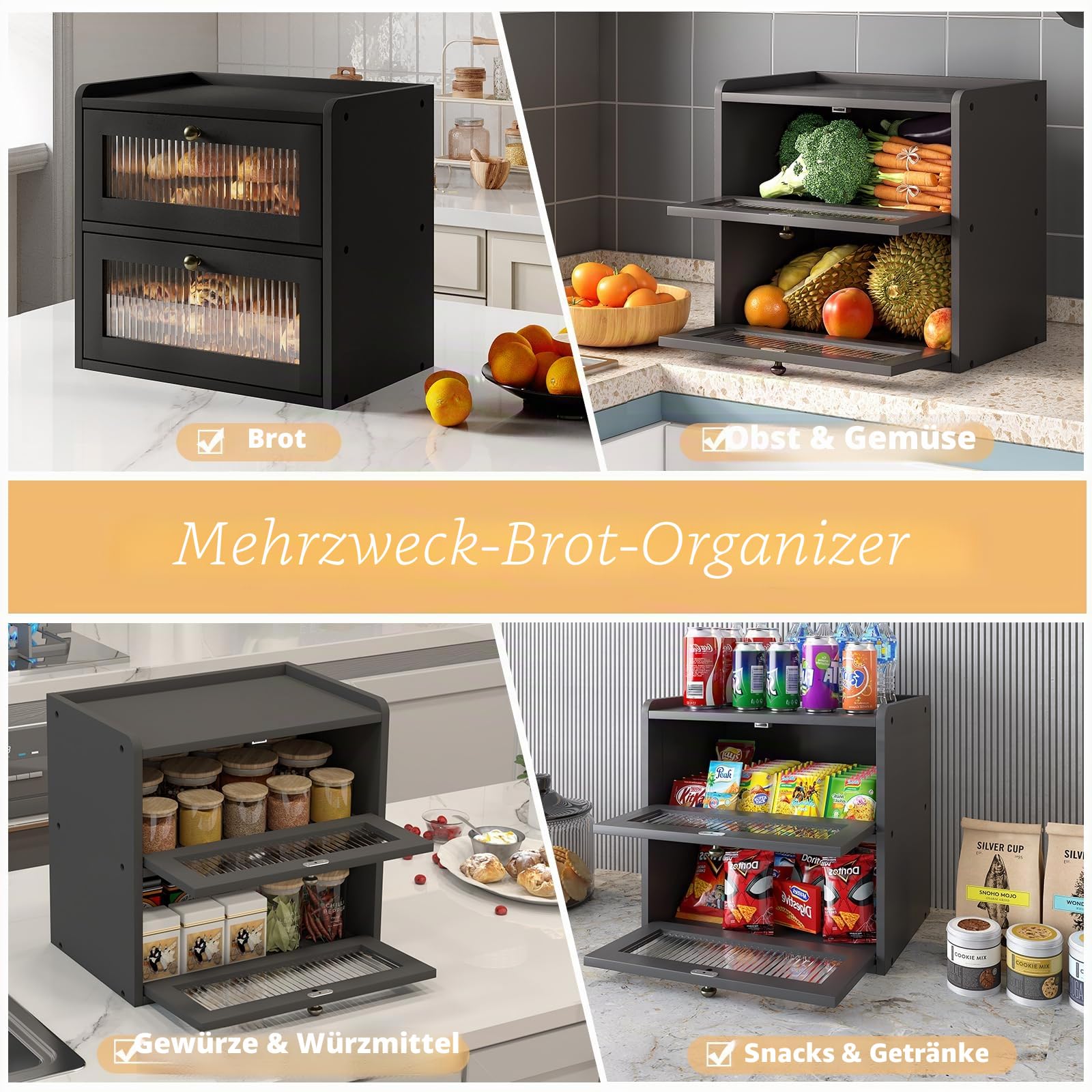 Alpeir Brotkasten Holz, 2 Etagen Groß Brotbox mit Belüftungsloch, Längere Frische & Einfache Pflege, Küche Aufbewahrung Behälter für Snack Knäckebrot Obst, 36,7B x 23,9T x 34,4H cm, Schwarz