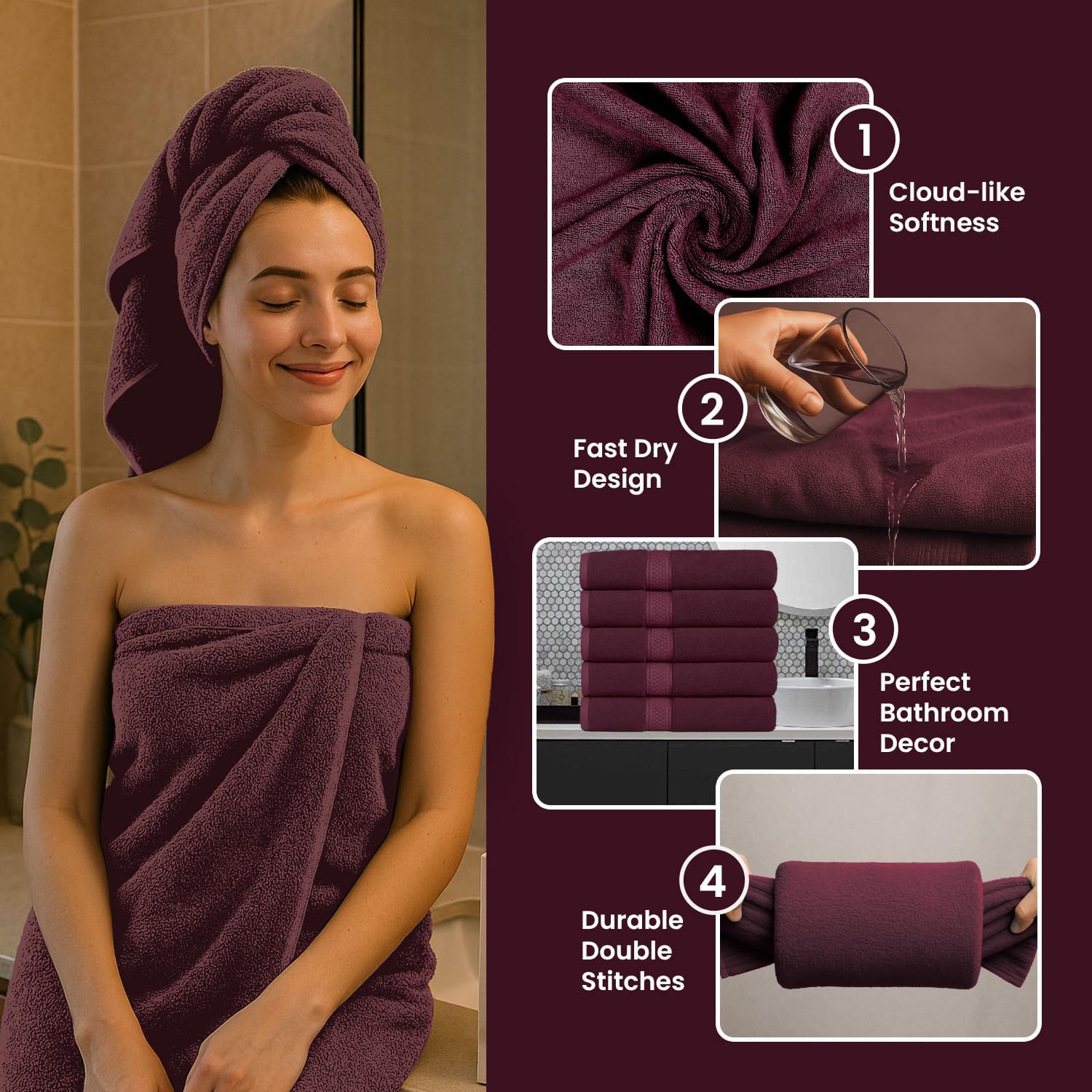 5 Pack Burgundy Bath Towels 27” x 54” – 600 GSM Highly Absorbent 100% Cotton Quick-Dry Towels – Luxury Hotel Quality for Spa, Bathroom & Daily Use