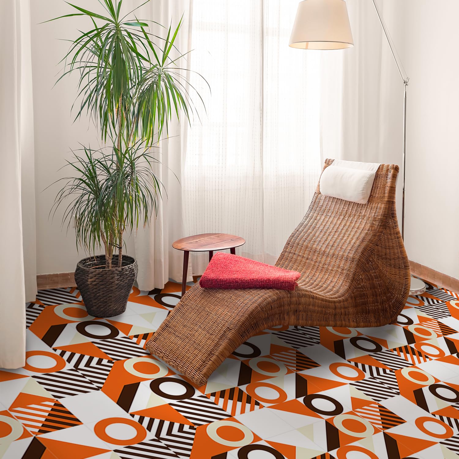 Alwayspon Peel and Stick Floor Tiles, 20cm/8inchx12Sheet Waterproof Removable Non-Slip Vinyl Plank Flooring Tile for Bathroom Kitchen Bedroom, Renter Friendly Floor Decor DIY, Beige Orange Brown