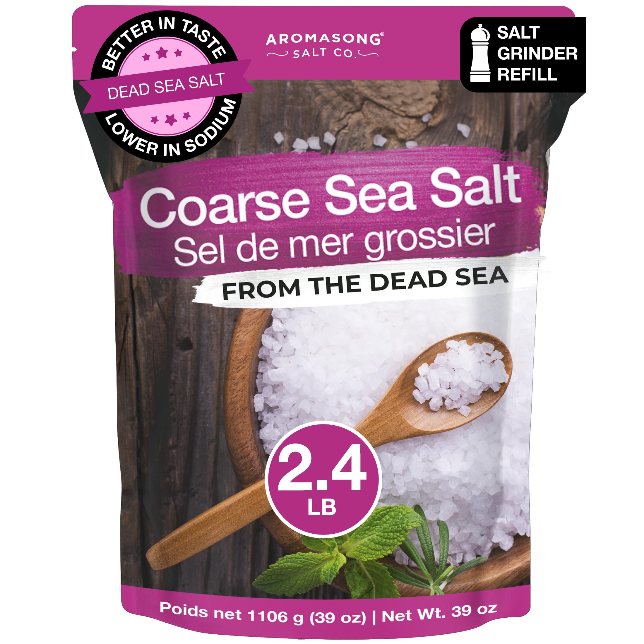 Aromasong Coarse Sea Salt for Grinder Refill - Bulk 2.43 Lb. Dead Sea Salt in Resealable Bag - Pure & Natural Sun Dried, Unrefined, Gluten Free, For Daily Cooking & Pickling Salt
