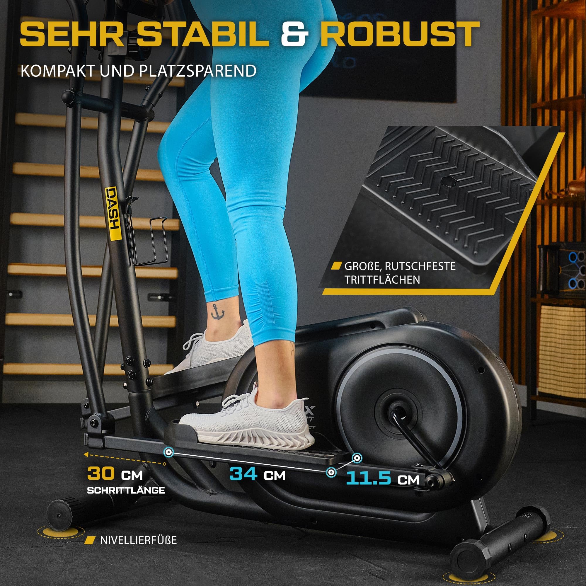 TREX SPORT Crosstrainer für zuhause TX-400CT Dash | Ellipsentrainer mit 10-stufigen Widerstand, Pulssensoren, Display, Tablet-Halterung | leise, bis 120kg