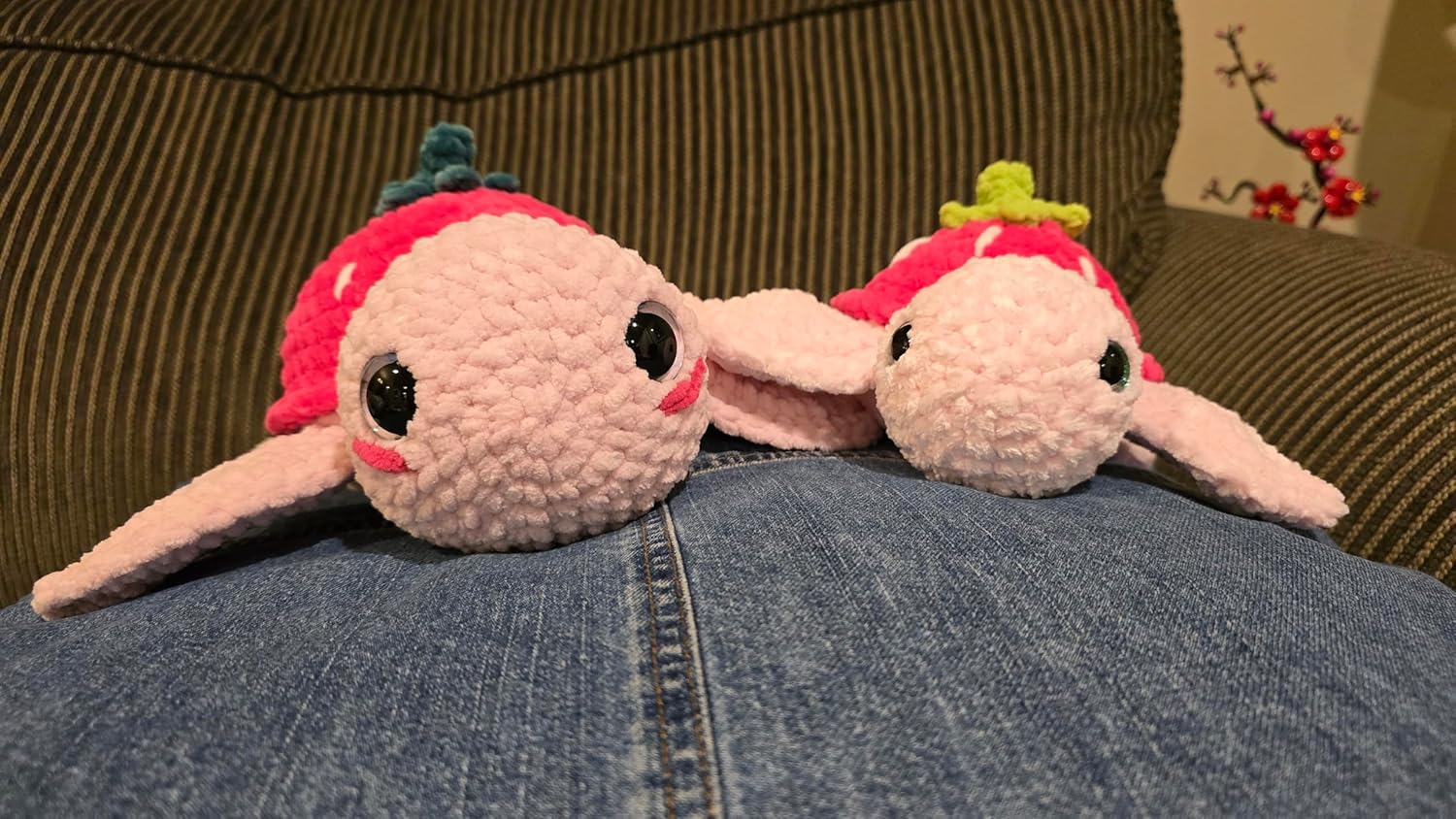 Philly Knotty Girl Strawberry Turtle Handmade Crocheted Plush Toy, Pink and Red, Cute Cuddly Gift for Baby Birthday Wedding