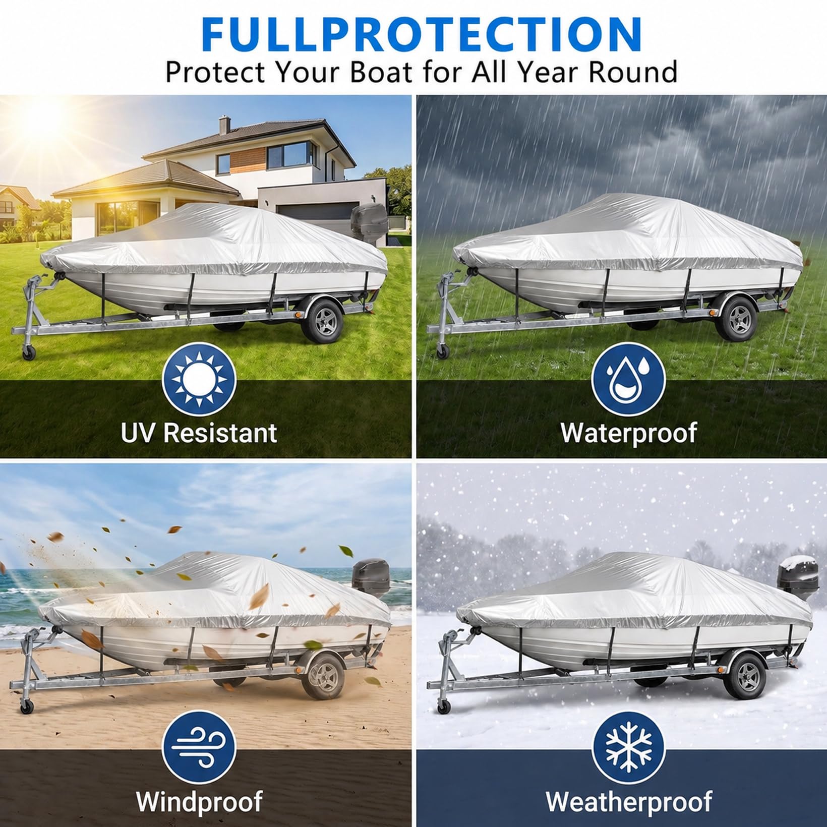 Funda Protectora para Barco, Cubierta Impermeable Resistente a los Rayos | Cubierta impermeable y anti‑UV protege el barco de polvo, lluvia y sol. Incluye correas de fijación y bolsa