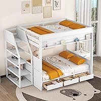 Vista 3 de Literas tipo futón de tamaño matrimonial sobre tamaño matrimonial con escaleras y cajones de almacenamiento, base de cama convertible de madera