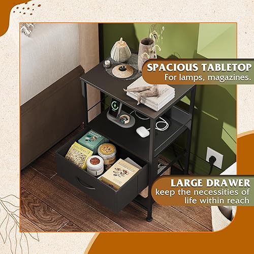 Miniatura 6 de WLIVE Mesita de noche con estación de carga, mesita de noche LED con cajón de tela ajustable, mesa de noche de almacenamiento de 3 niveles, mesas