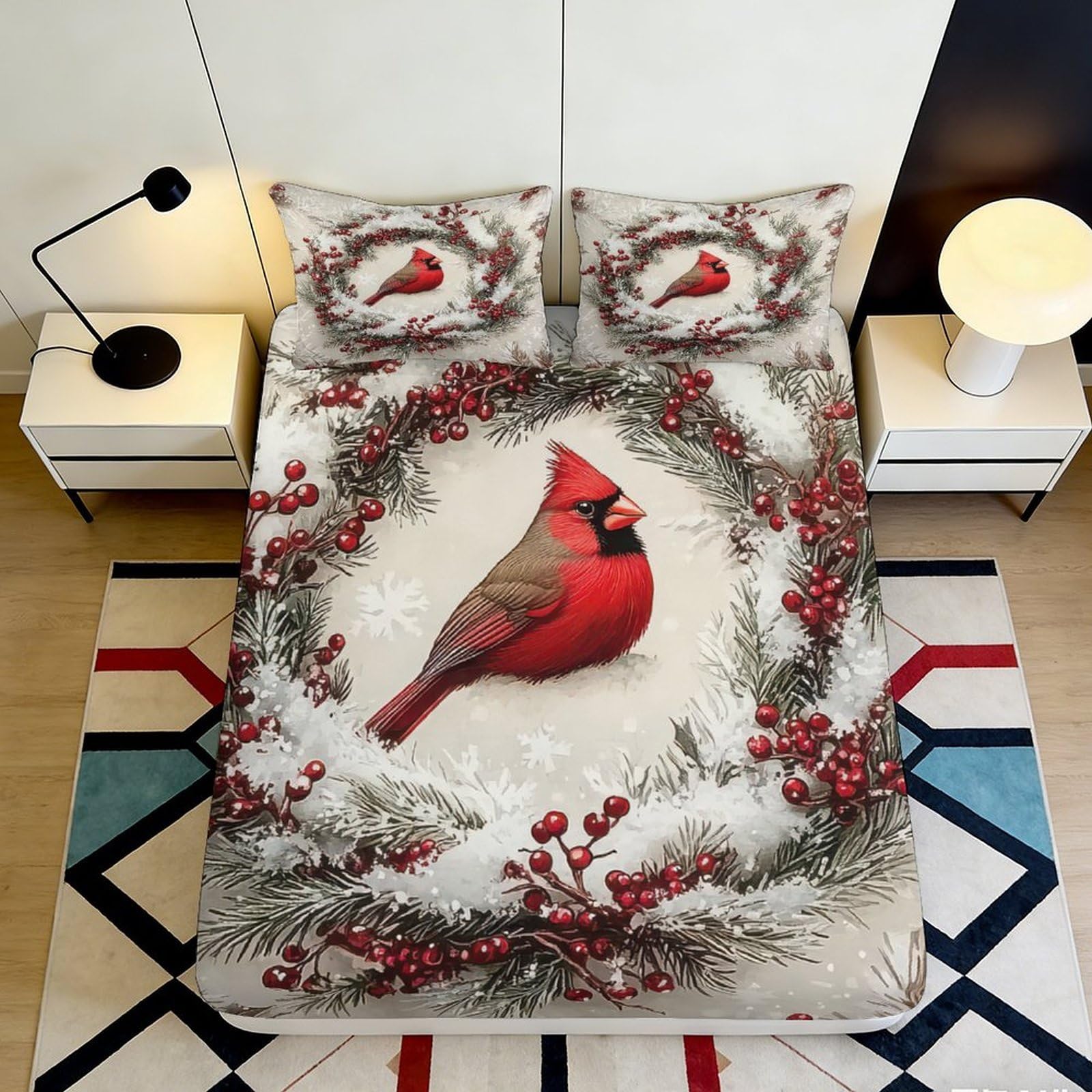 3D Printed Cardinal Bird Fitted Sheet Microfiber Soft Breathable Winter Wreath Bed Cover for Bedroom Dormitory Guest Room Mattress Protection Decor 140x200x25cm