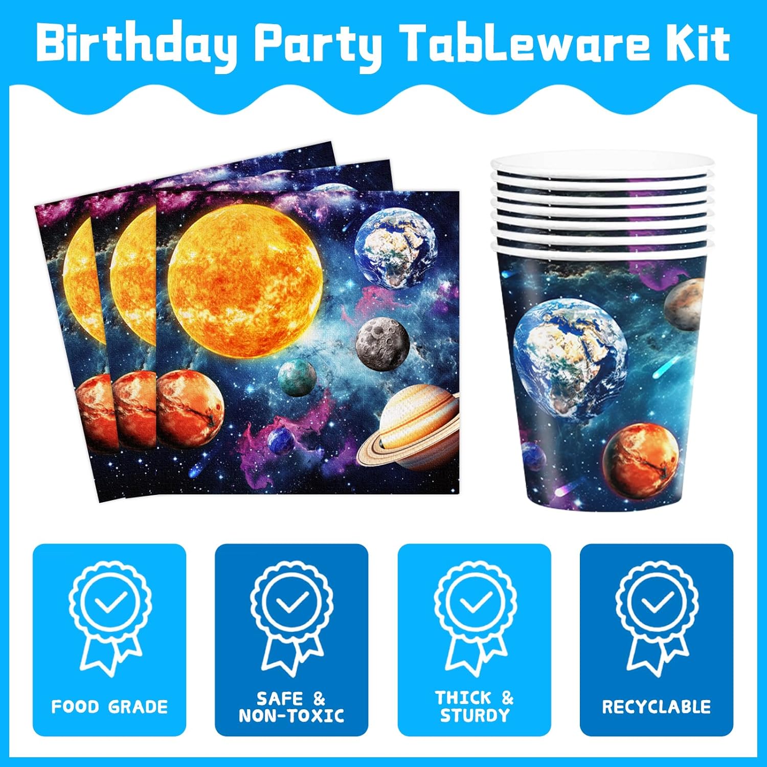 170pcs Outer Space Birthday Party Decorations Space Party Plates Napkins Tableware Set Solar System Disposable Cups Dinnerware Happy Birthday Banner Tablecloth for Kids Boys Party Supplies 24 Guests